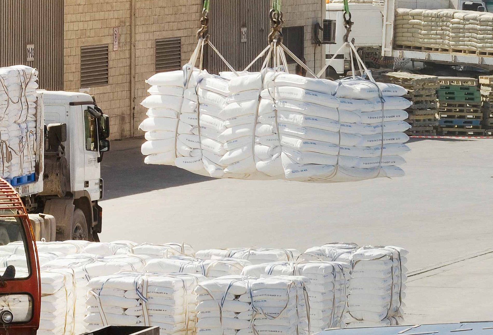 Palletized bags being lifted by crane for container loading