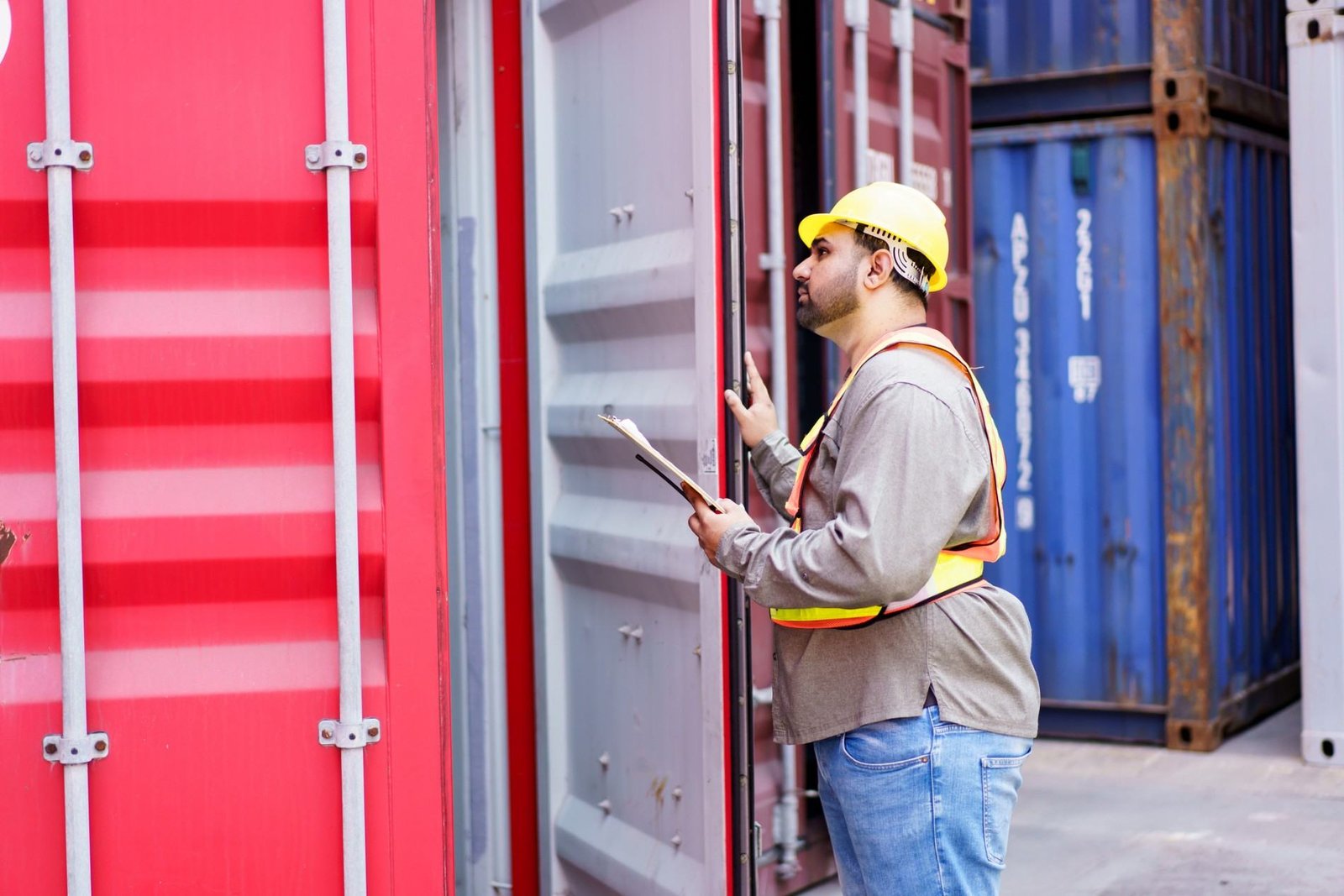 Inspector checking a shipping container door before loading